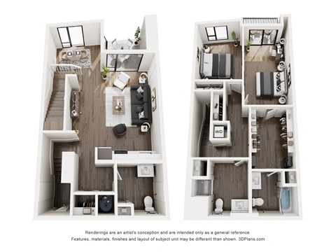 Floor plan for 2 beds, 2.5 baths, 1383 sqft